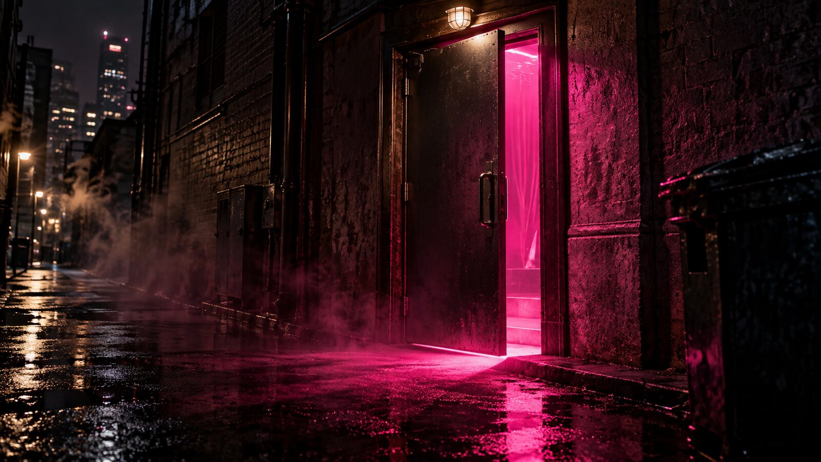 A steel stage door standing ajar in a wet alley at night, pink light spilling onto the pavement