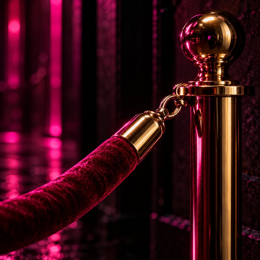 A velvet rope on a brass post, lit in pink against the dark