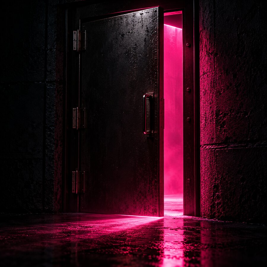 A heavy steel door standing ajar with pink light behind it